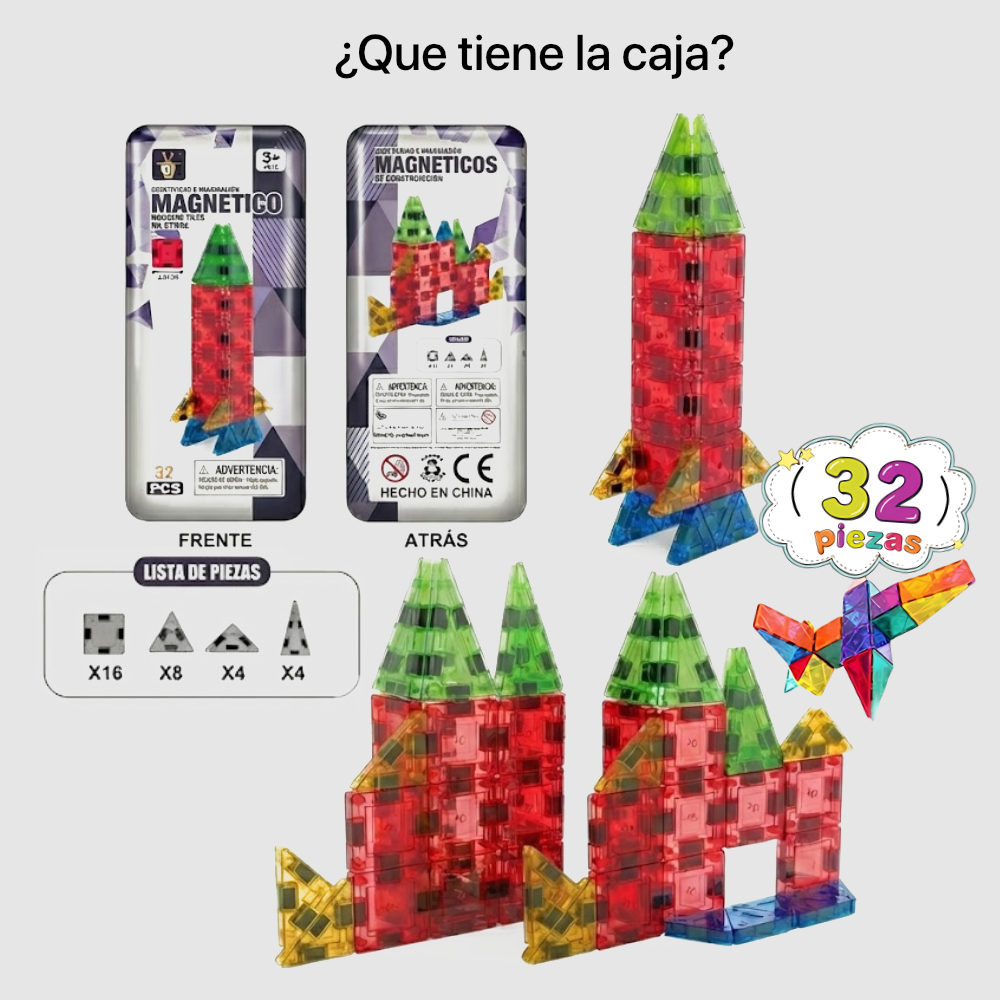 Bloques Magnéticos STEM Mini 32 Piezas – Caja Magnética para Viajes