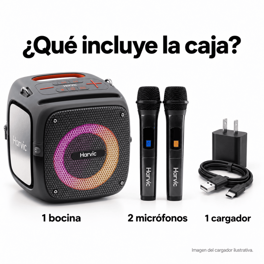 Harvic Karaoke Max – Parlante Bluetooth 80W con 2 Micrófonos, Bajos Potentes y Luces LED