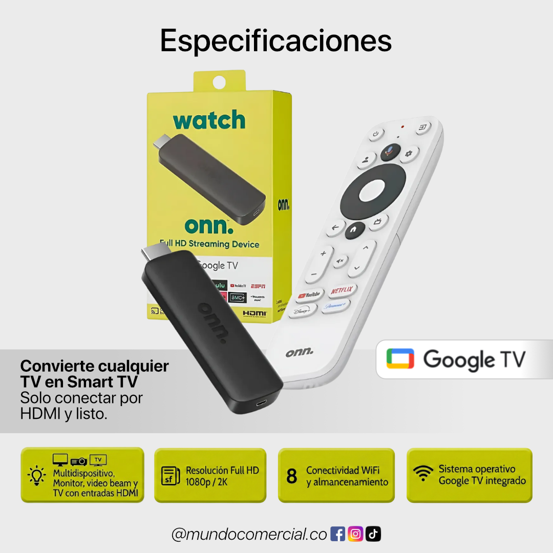 Onn Streaming Stick 2K Full HD con Google TV y Control por Voz – Negro