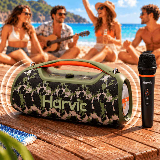 Parlante HARVIC Boombox Bluetooth con Micrófono | 8 Horas de Batería | Resistente al Agua
