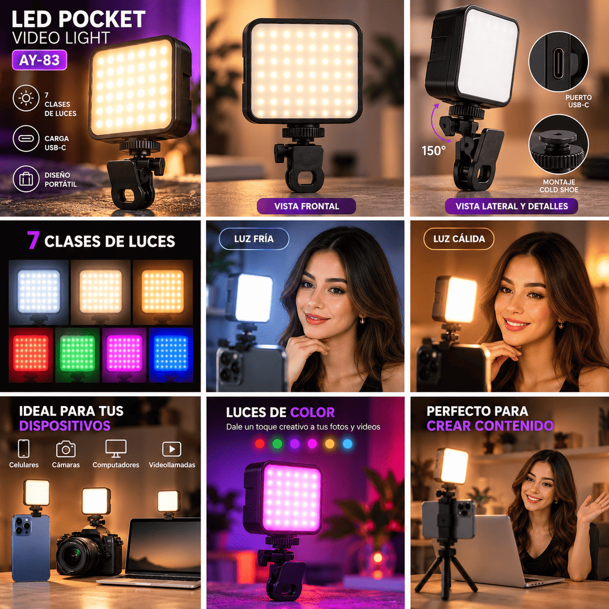 Luz LED de Bolsillo para Video AY-83 | Luz RGB con Clip para Celular y Computador