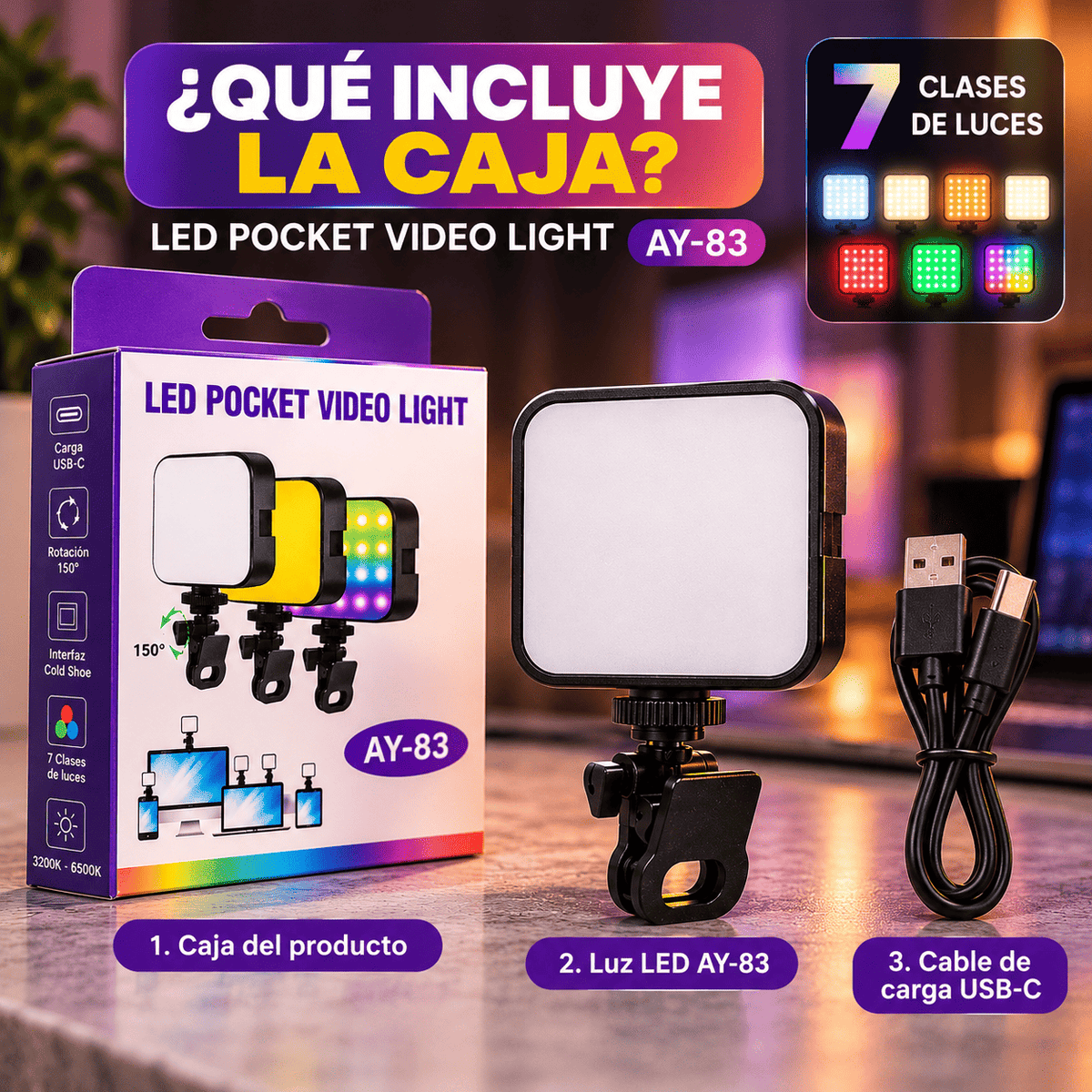 Luz LED de Bolsillo para Video AY-83 | Luz RGB con Clip para Celular y Computador