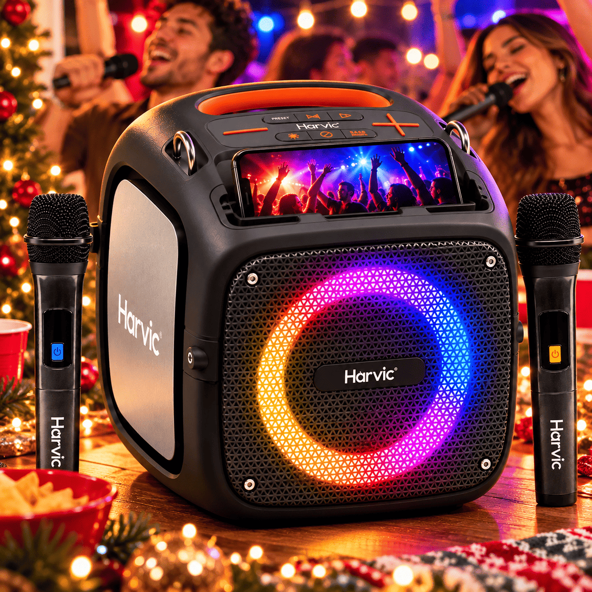 Harvic Karaoke Max – Parlante Bluetooth 80W con 2 Micrófonos, Bajos Potentes y Luces LED
