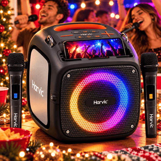 Harvic Karaoke Max – Parlante Bluetooth 80W con 2 Micrófonos, Bajos Potentes y Luces LED