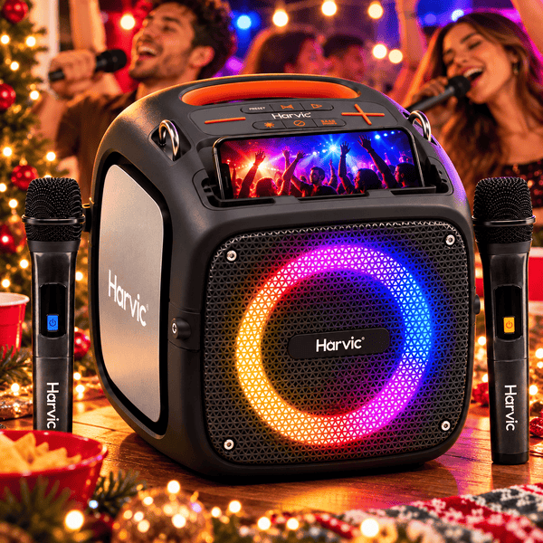 Harvic Karaoke Max – Parlante Bluetooth 80W con 2 Micrófonos, Bajos Potentes y Luces LED