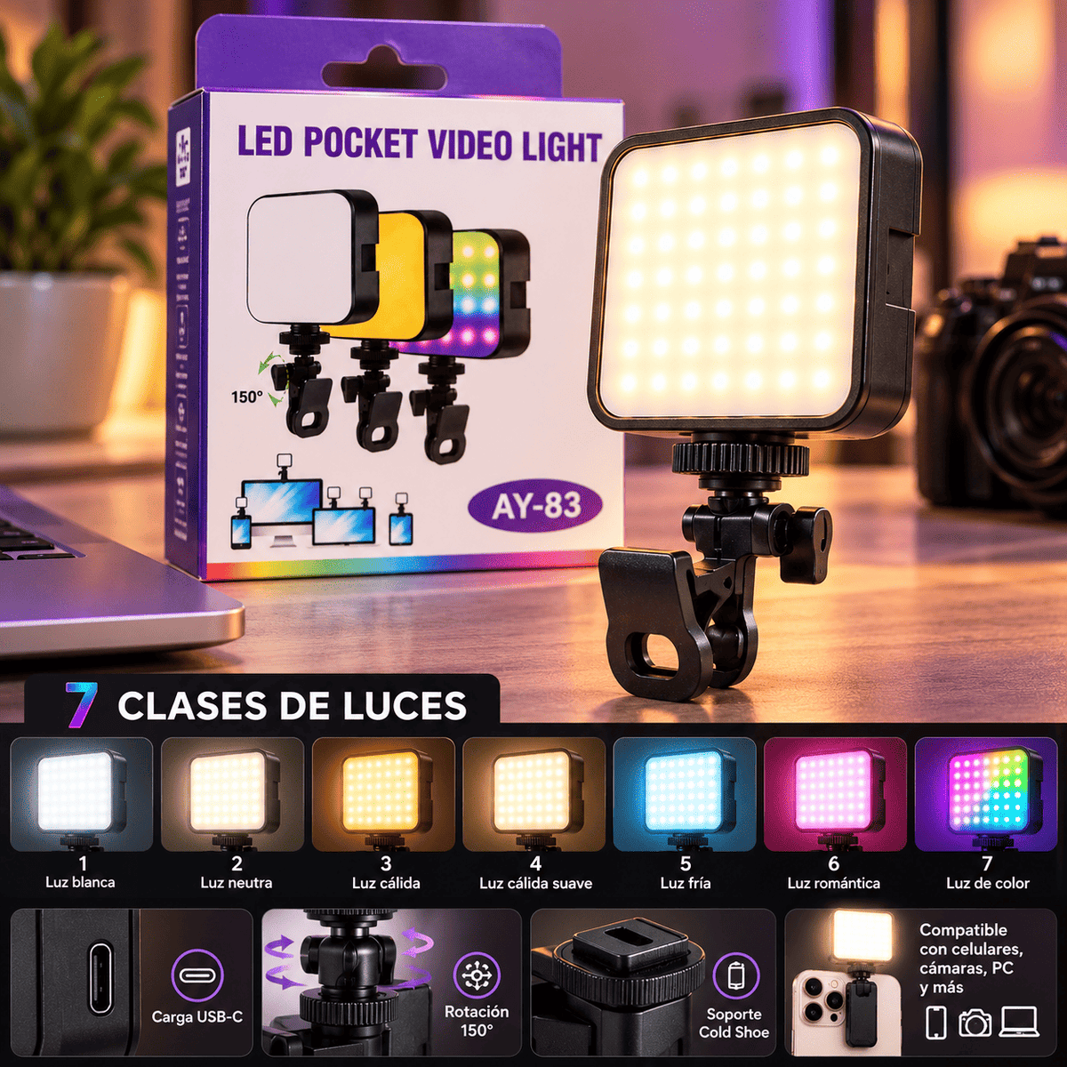 Luz LED de Bolsillo para Video AY-83 | Luz RGB con Clip para Celular y Computador