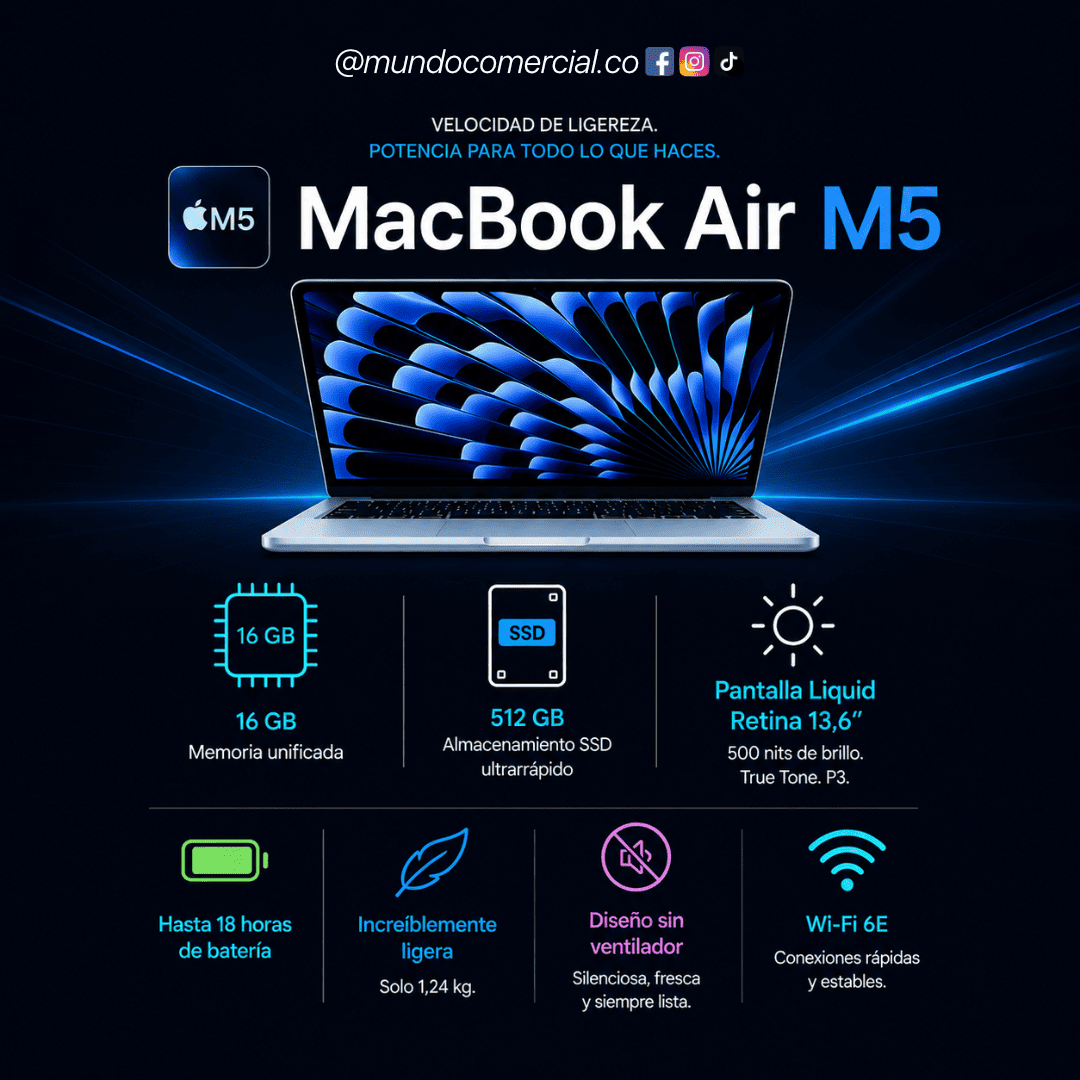MacBook Air 13.6” M5 (512GB /16GBRAM) – Potencia Profesional, Diseño Ultraligero