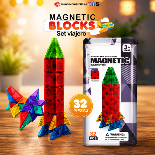 Bloques Magnéticos STEM Mini 32 Piezas – Caja Magnética para Viajes