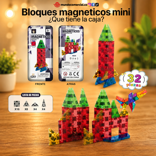 Bloques Magnéticos STEM Mini 32 Piezas – Caja Magnética para Viajes