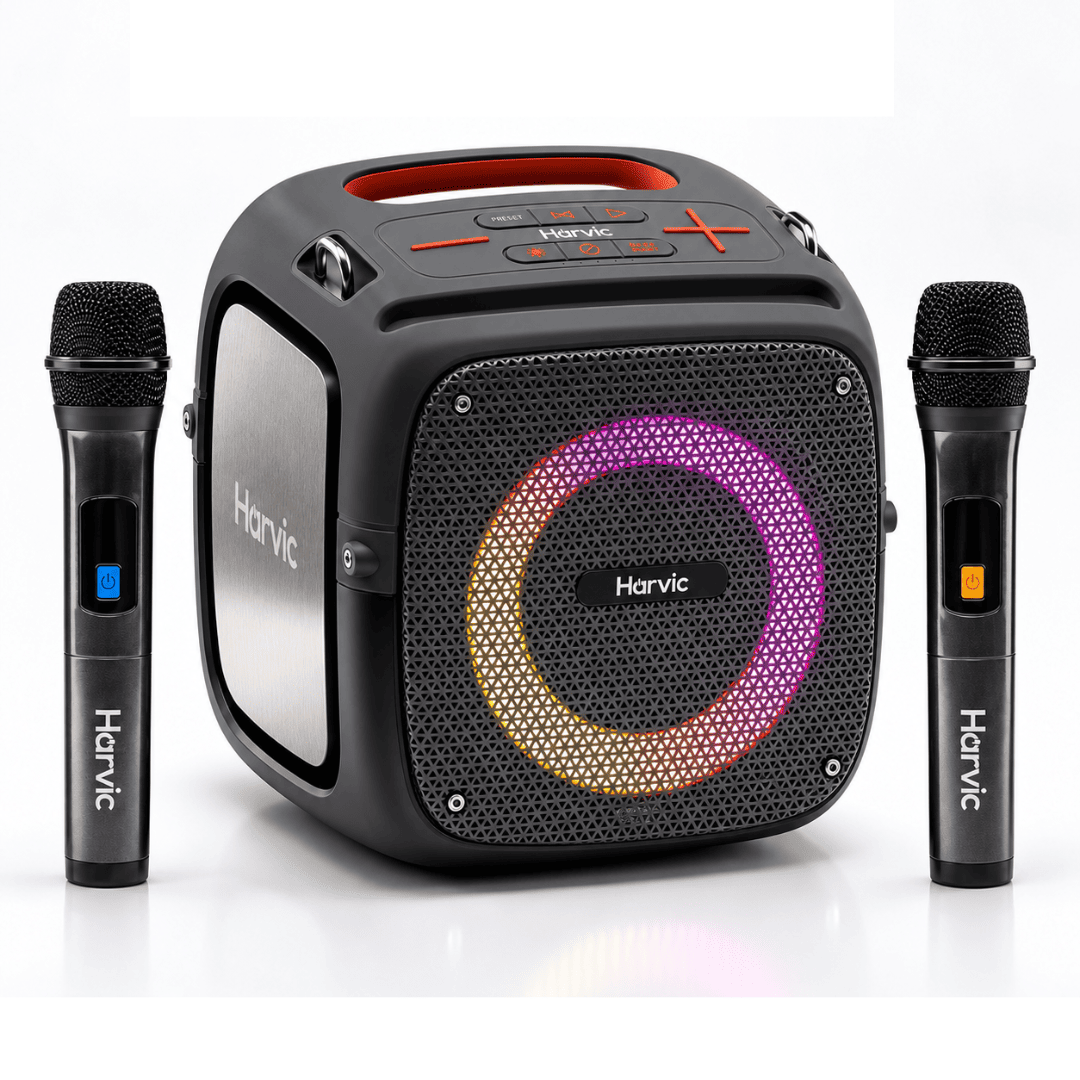 Harvic Karaoke Max – Parlante Bluetooth 80W con 2 Micrófonos, Bajos Potentes y Luces LED