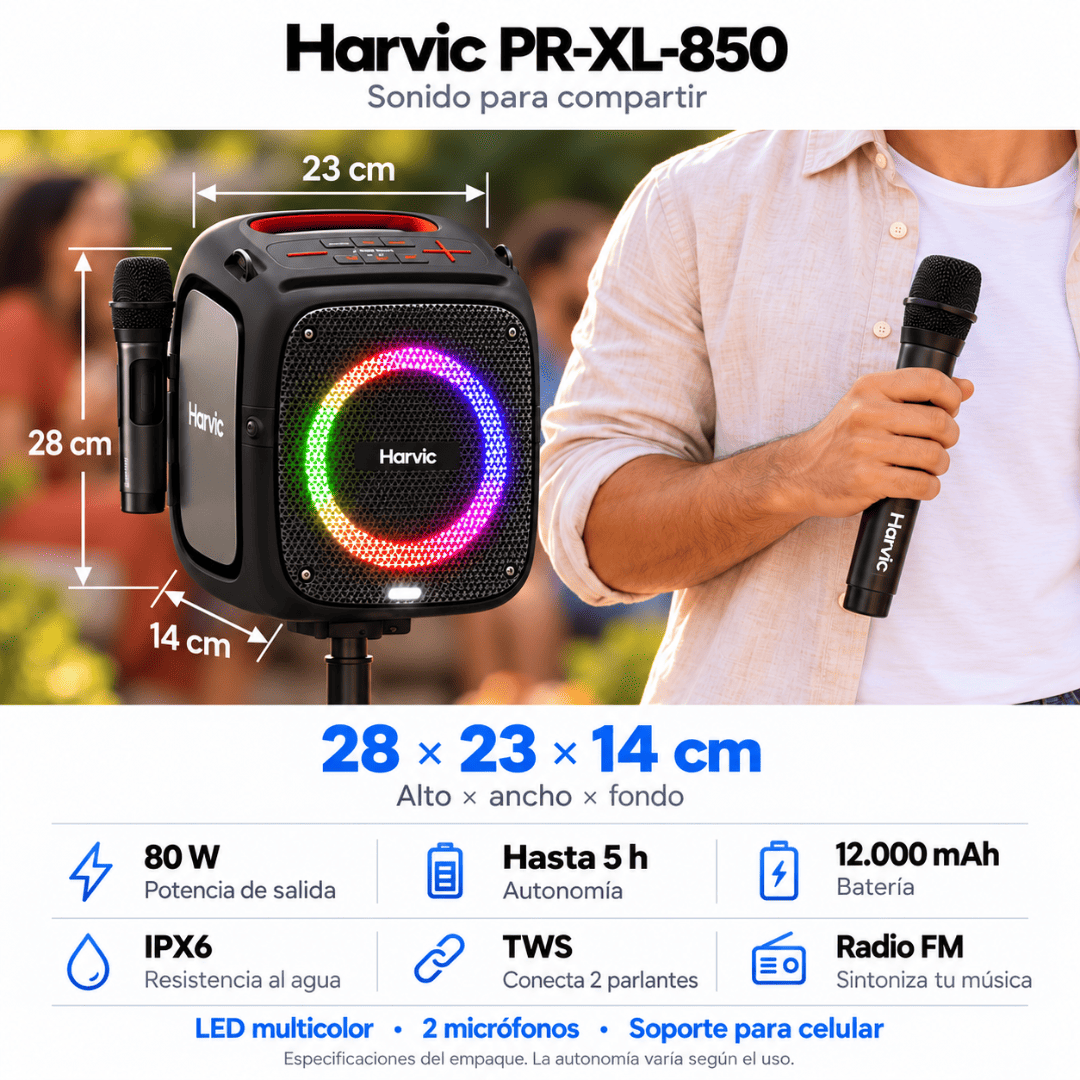 Harvic Karaoke Max – Parlante Bluetooth 80W con 2 Micrófonos, Bajos Potentes y Luces LED