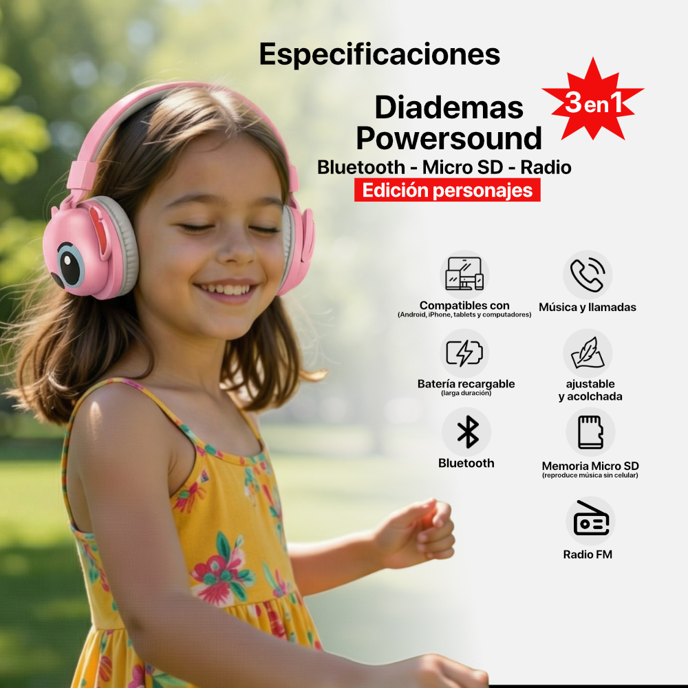 Audífonos Kids Bluetooth 3 en 1 Power Sound