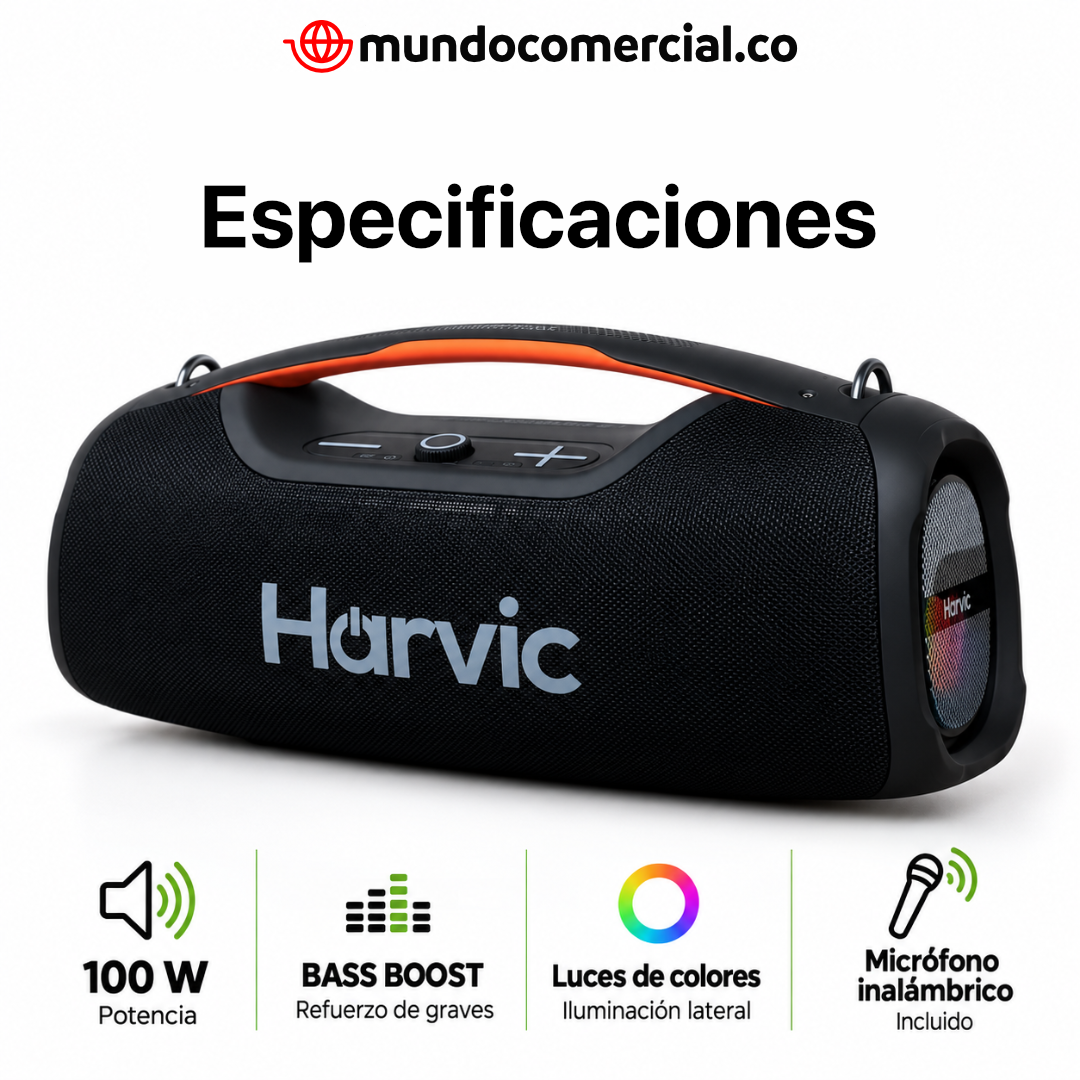 Parlante HARVIC Boombox Bluetooth con Micrófono | 8 Horas de Batería | Resistente al Agua