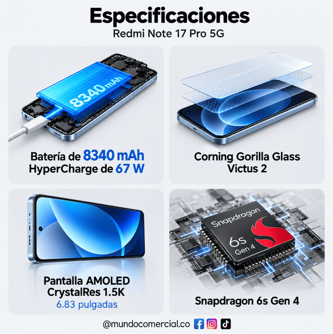 Xiaomi Redmi Note 17 Pro 5G – 6GB RAM, 128GB o 256GB, Pantalla AMOLED 1.5K y Batería 8340 mAh