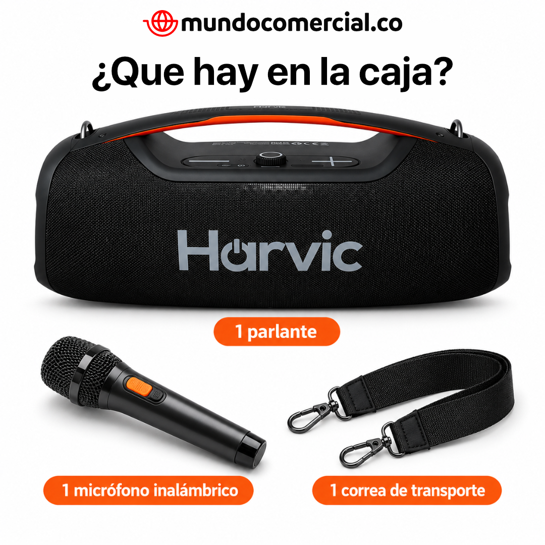 Parlante HARVIC Boombox Bluetooth con Micrófono | 8 Horas de Batería | Resistente al Agua