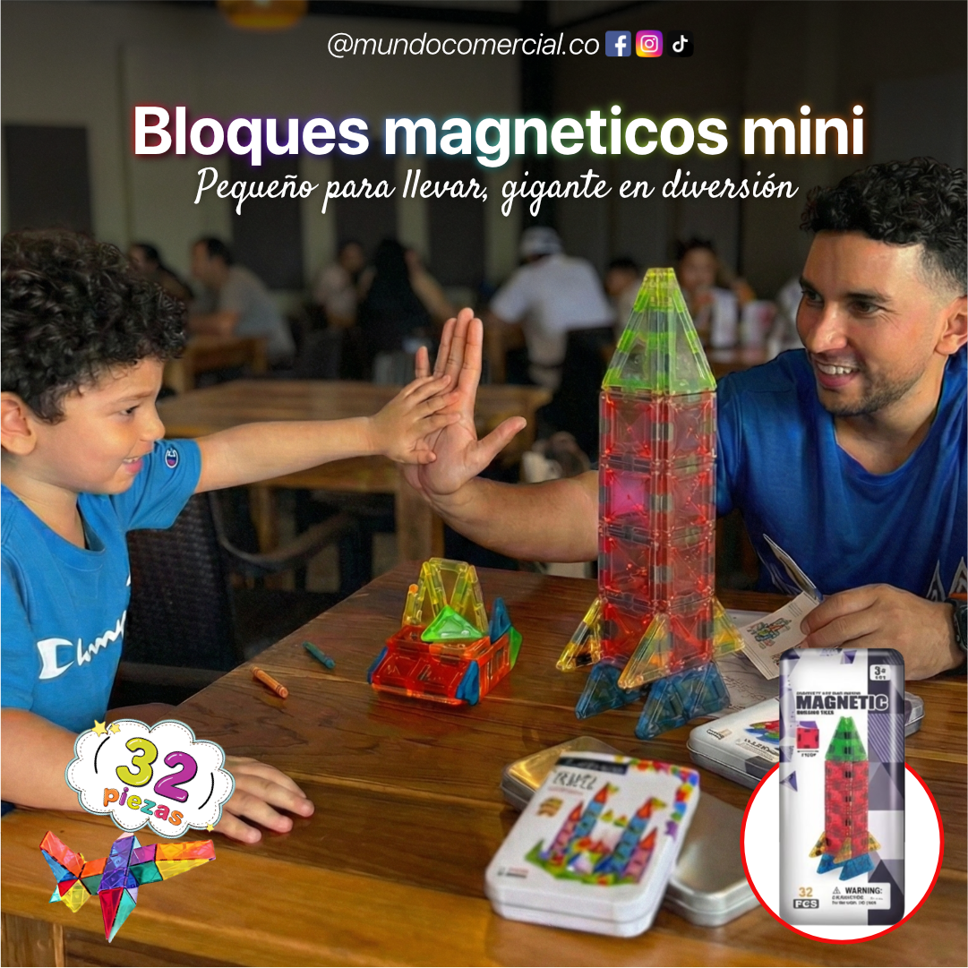 Bloques Magnéticos STEM Mini 32 Piezas – Caja Magnética para Viajes